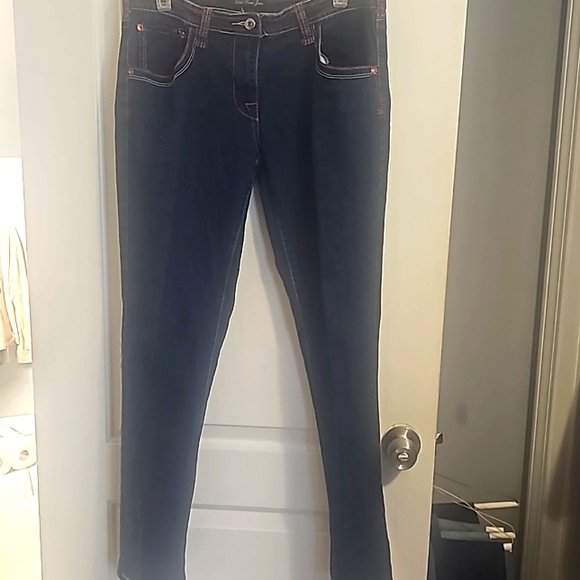 Gold Flara Blue Jeans, Sz 10 (W34"/L39"), Red/Gold Rhinestones Pocket Designs - Picture 12 of 12